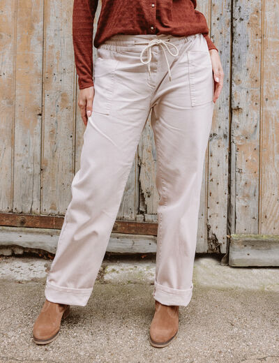 Pantalon taille haute coupe droite denim beige femme