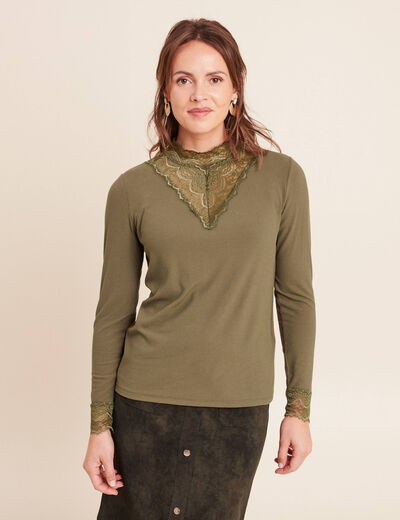 T-shirt cintr&eacute; col montant dentelle vert kaki femme