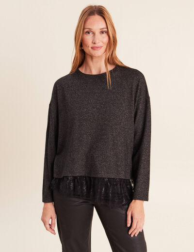 Pull col rond manches longues dentelle gris fonc&eacute; femme