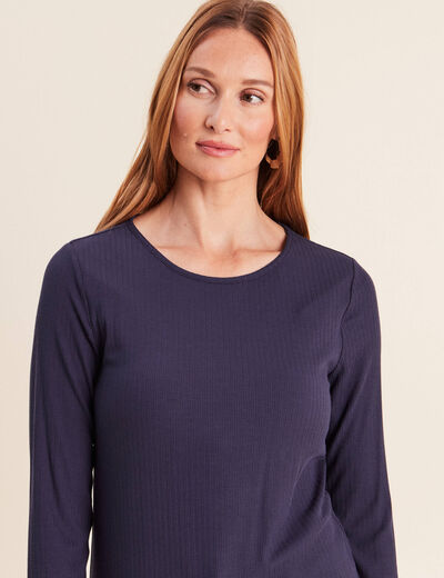 T-shirt ajust&eacute; col rond manches longues bleu marine femme