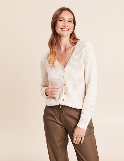Gilet col v manches longues ecru femme