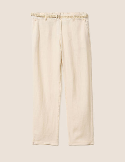 Pantalon coupe chino en lin ceintur&eacute; beige femme