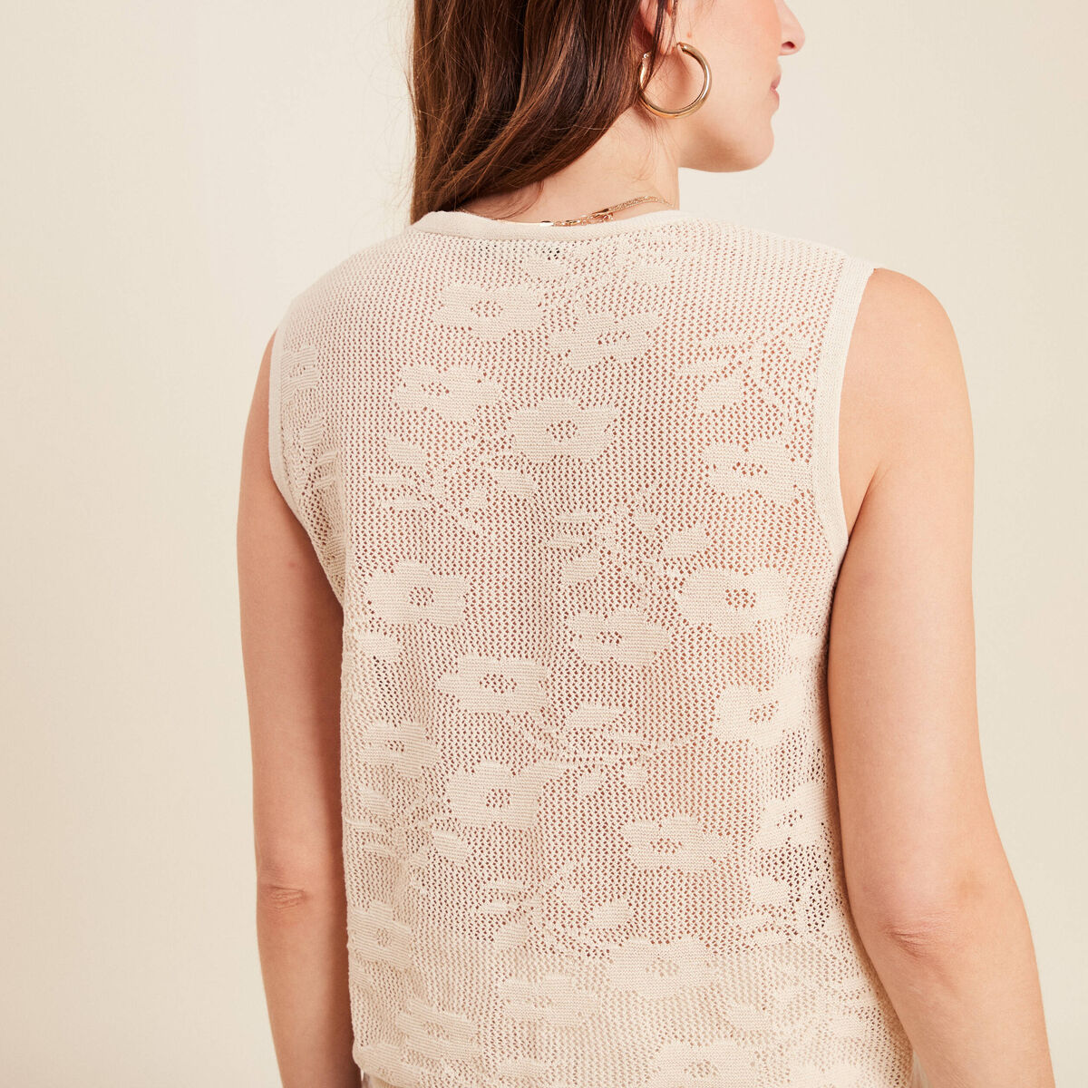 Pull cintré court col V beige femme