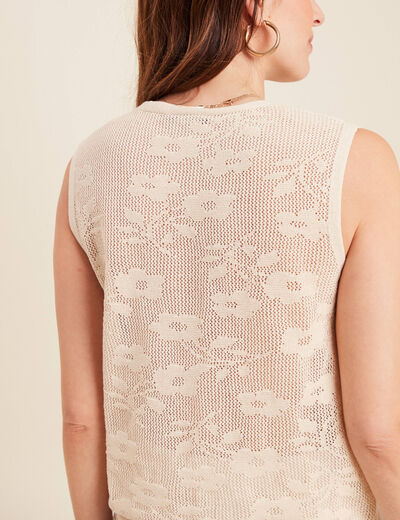 Pull cintré court col V beige femme
