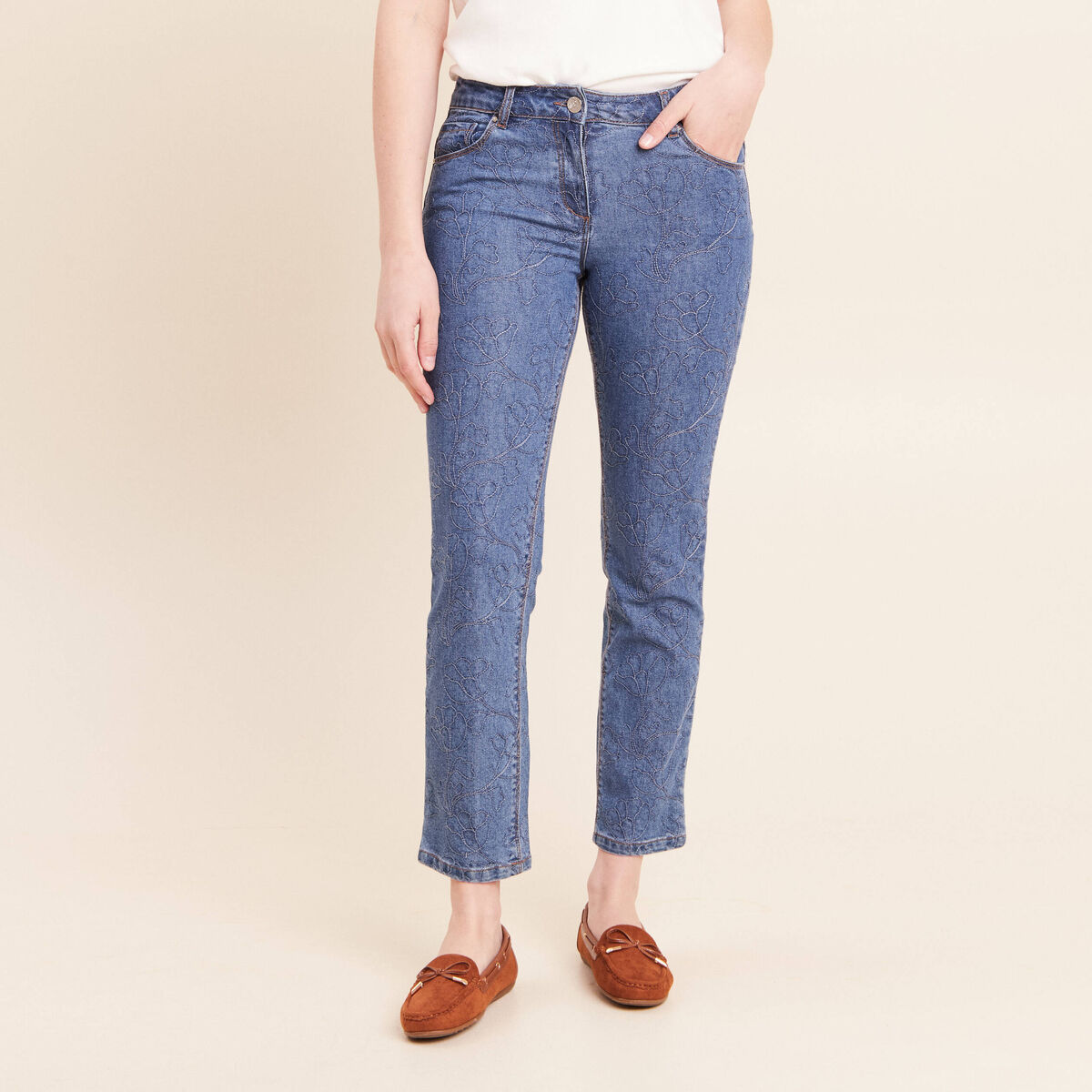 Jean coupe droite 7/8&egrave;me taille bascul&eacute;e bleu femme