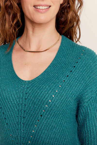 Pull manches longues col en V vert foncé femme