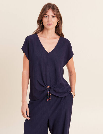 T-shirt bas resserr&eacute; manches courtes bleu marine femme