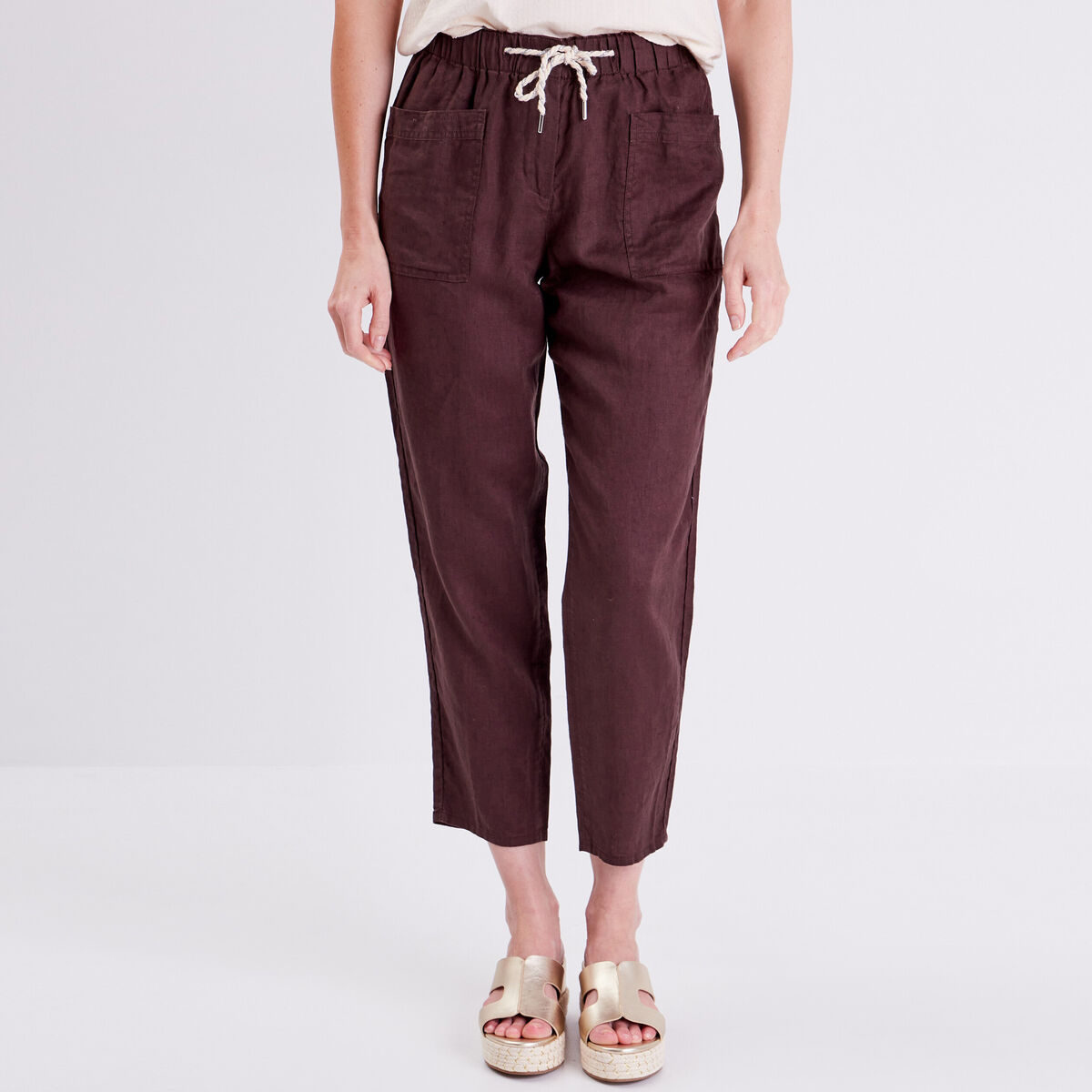 Pantalon battle en lin marron fonc&eacute; femme