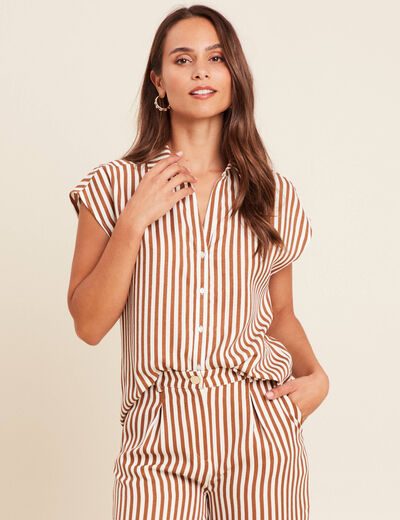 Chemise manches courtes aspect lin blanc femme