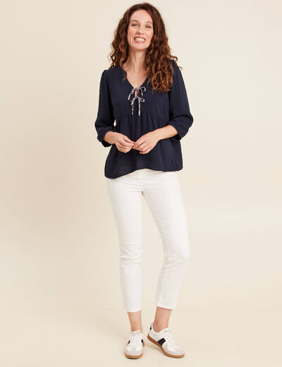 Blouse ample col tunisien manches 3/4 bleu marine femme
