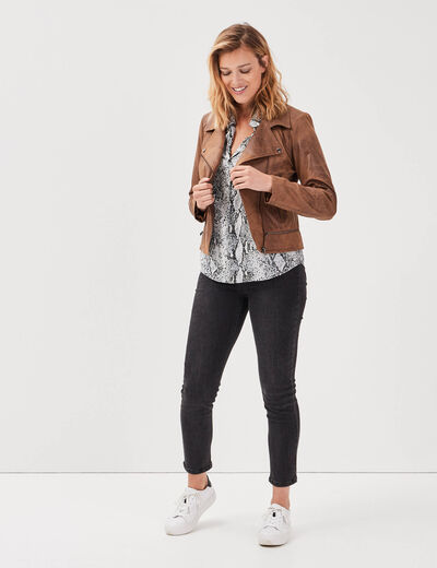 Veste esprit motard zipp&eacute;e marron fonc&eacute; femme