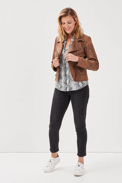Veste esprit motard zippée marron foncé femme