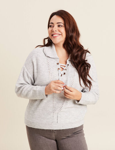 Pull manches longues à laçage gris clair femme