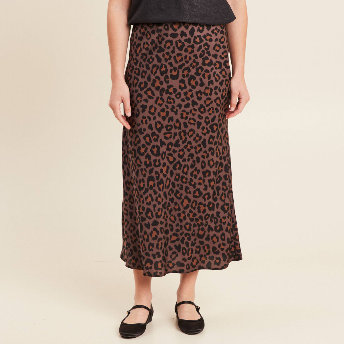 Jupe longue effet satin marron femme