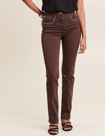 Pantalon droit taille haute marron foncé femme