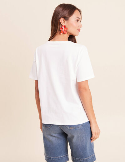 T-shirt col rond manches courtes brod&eacute; blanc femme