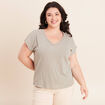T-shirt col v manches courtes aspect lin vert clair femme