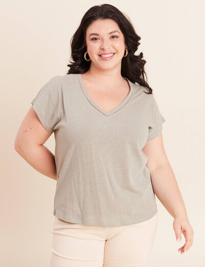 T-shirt col v manches courtes aspect lin vert clair femme
