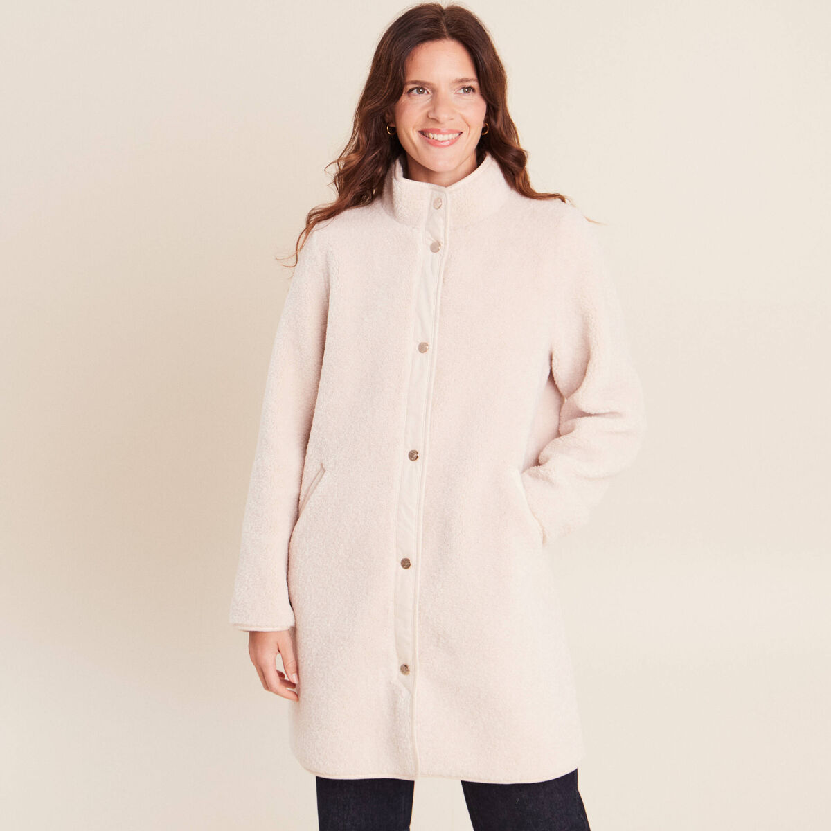 Manteau bouclette doubl&eacute; manches longues ivoire femme