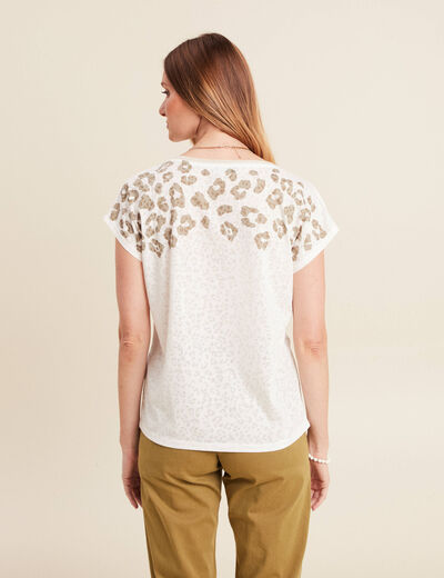 T-shirt droit col V manches courtes ecru femme