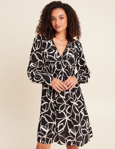 Robe courte &eacute;vas&eacute;e col v manches longues noir femme