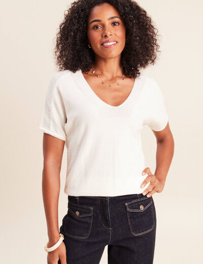 Pull droit col v manches courtes ecru femme