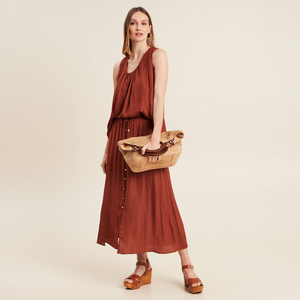 Jupe longue évasée satin marron foncé femme