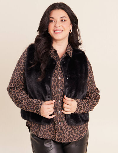 Gilet droit sans manches fausse fourrure noir femme