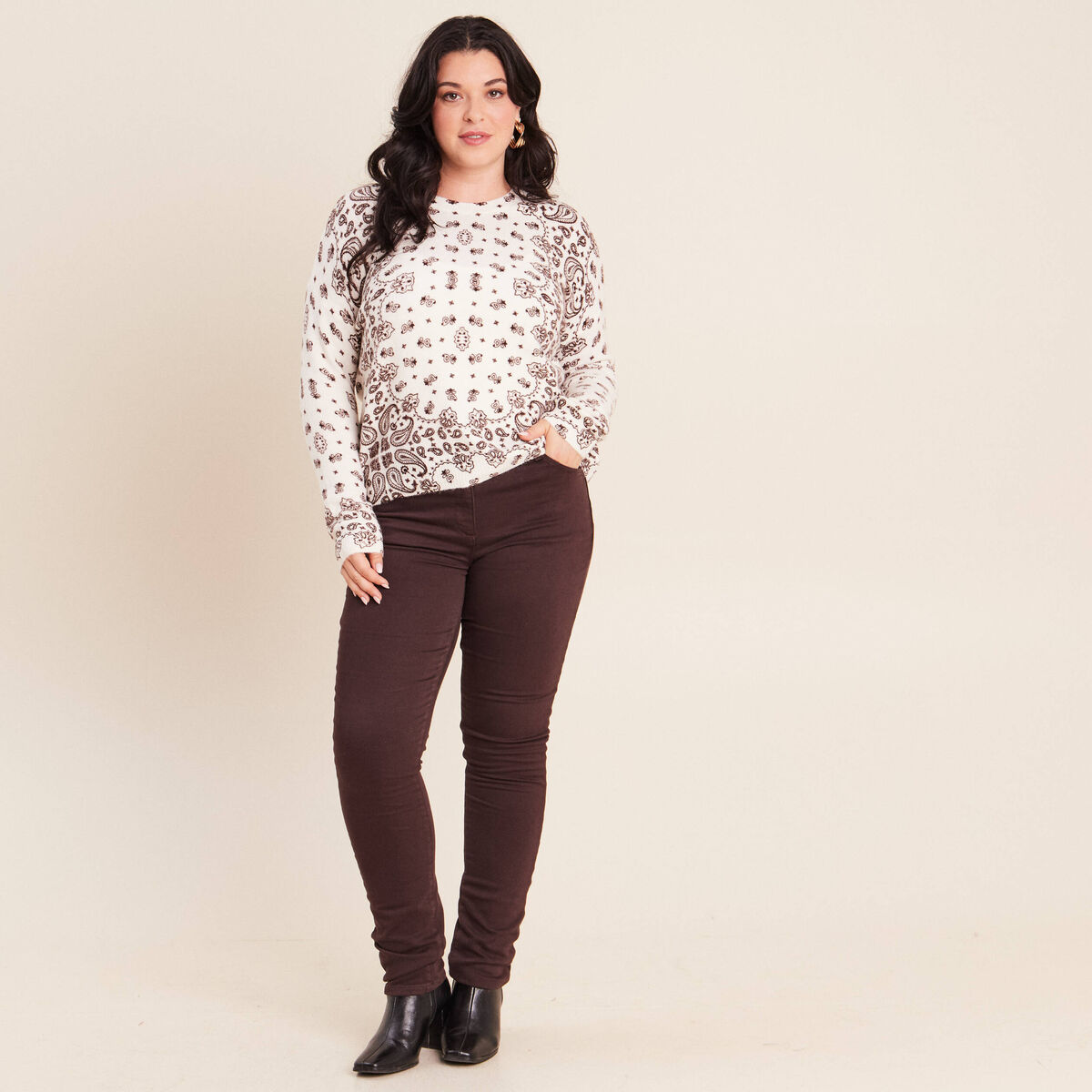 Pull col rond marron femme