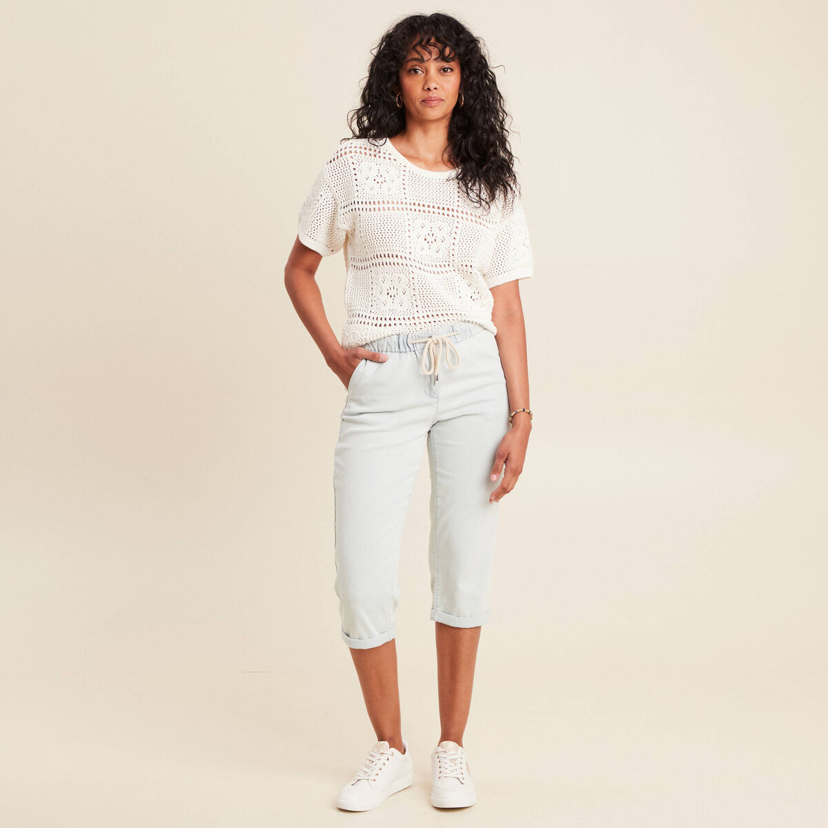 Pantalon jogpant 7/8ème en coton denim bleach femme