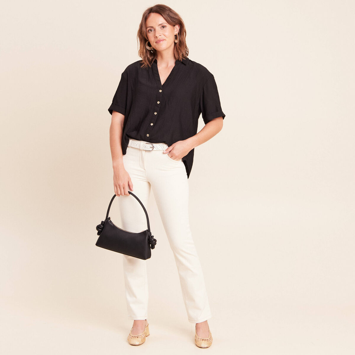 Chemise col chemise manches courtes noir femme