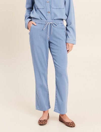Jogging large 7/8&egrave;me en maille denim bleach femme