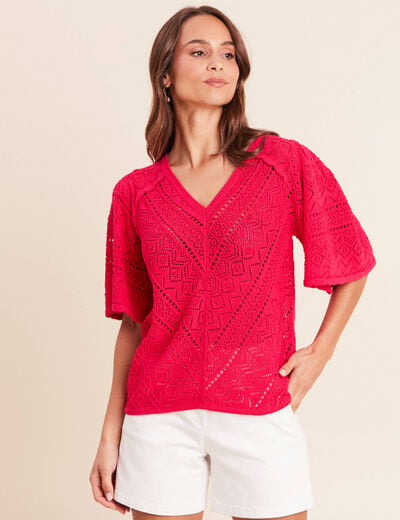 Pull ajour&eacute; col v manches courtes rose fushia femme