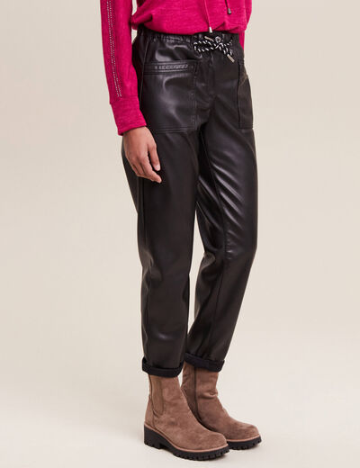 Pantalon paperbag simili cuir noir femme