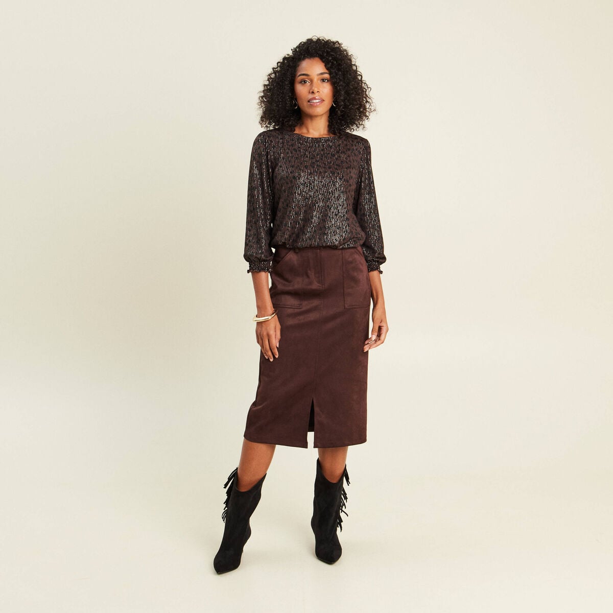 Jupe longue droite su&eacute;dine marron fonc&eacute; femme