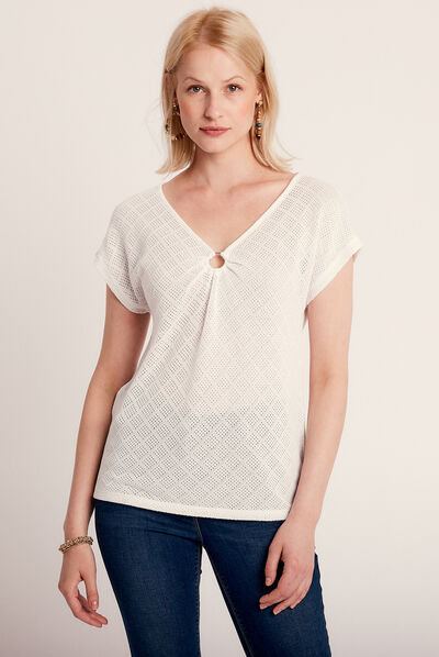T-shirt manches courtes ajouré ecru femme