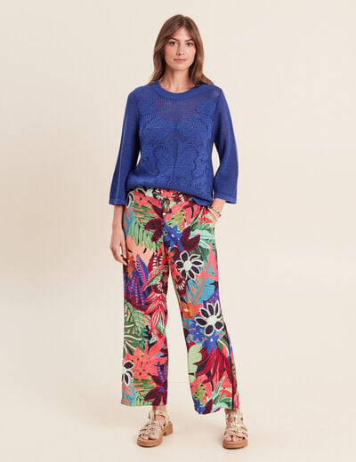 Pull ajour&eacute; col rond manches longues bleu fonc&eacute; femme