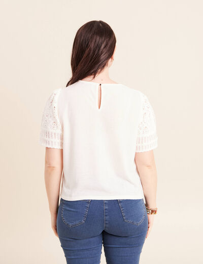 T-shirt col rond &agrave; dentelle ecru femme