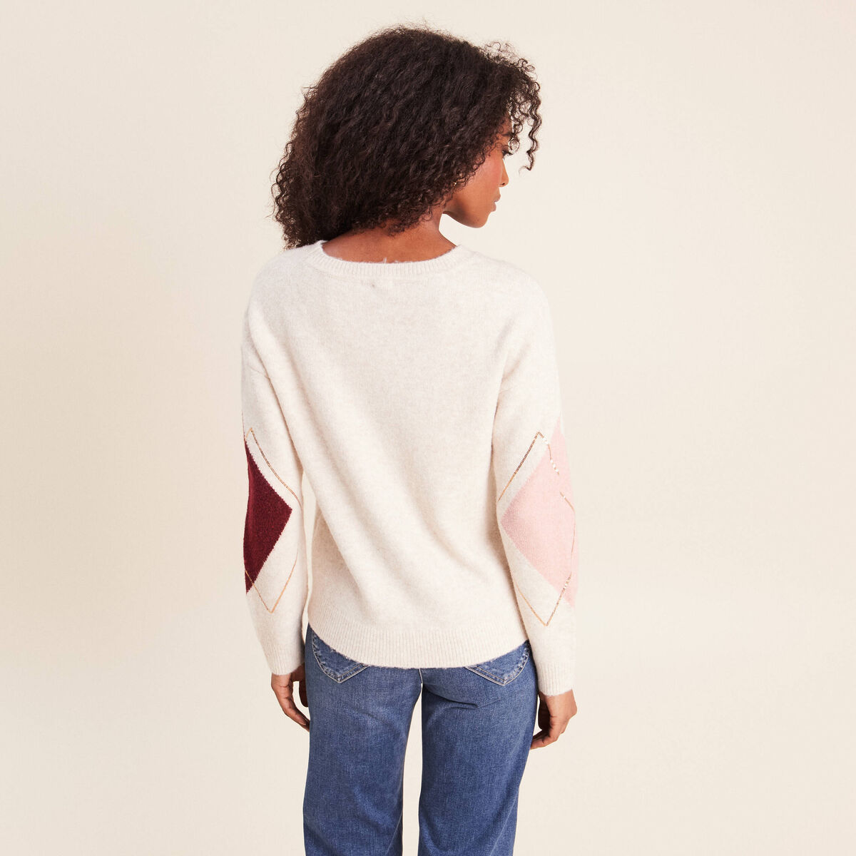 Pull col rond avec strass beige femme