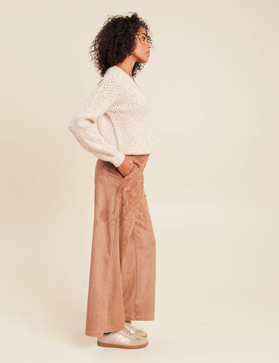 Pantalon su&eacute;dine large &agrave; pinces marron clair femme