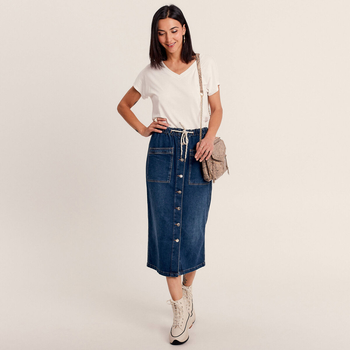 Jupe longue droite en jean denim stone femme