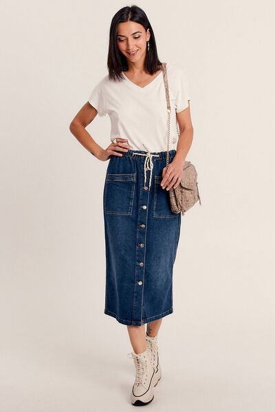 Jupe longue droite en jean denim stone femme