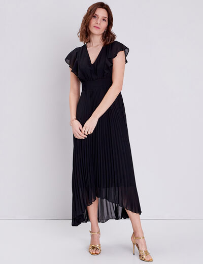Robe longue évasée à volants noir femme