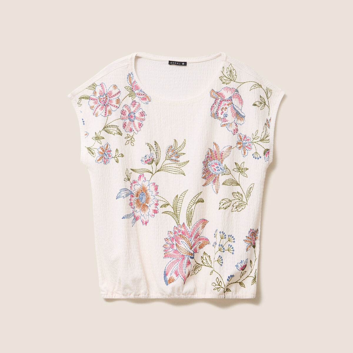 Blouse pliss&eacute;e col rond manches courtes ecru femme