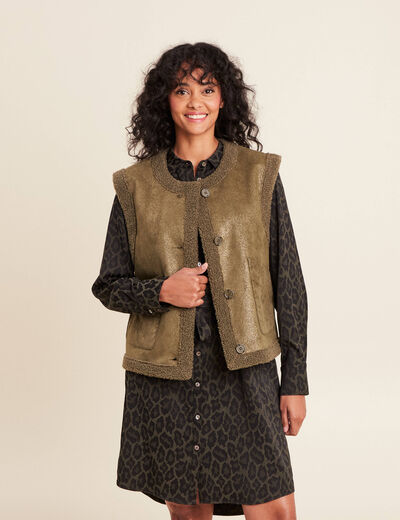 Gilet réversible laine mouton vert kaki femme