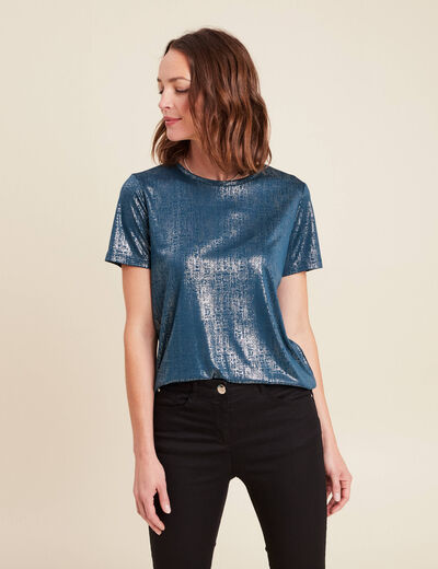t-shirt droit court satiné col rond bleu canard femme