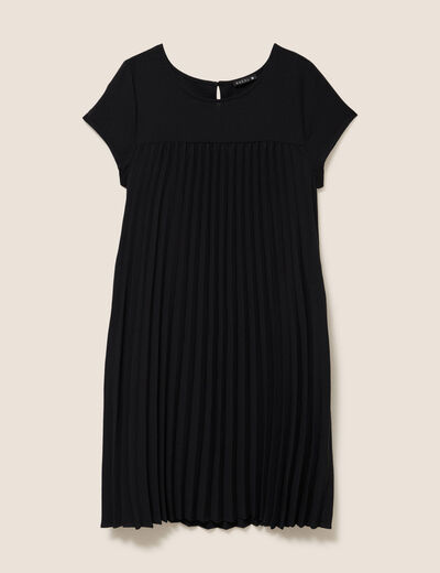 Robe courte &eacute;vas&eacute;e pliss&eacute;e col rond noir femme