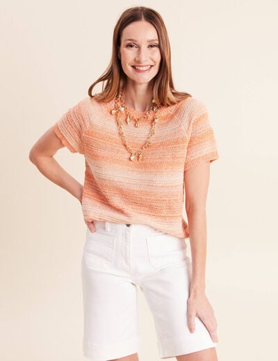 Pull col rond manches courtes orange fluo femme