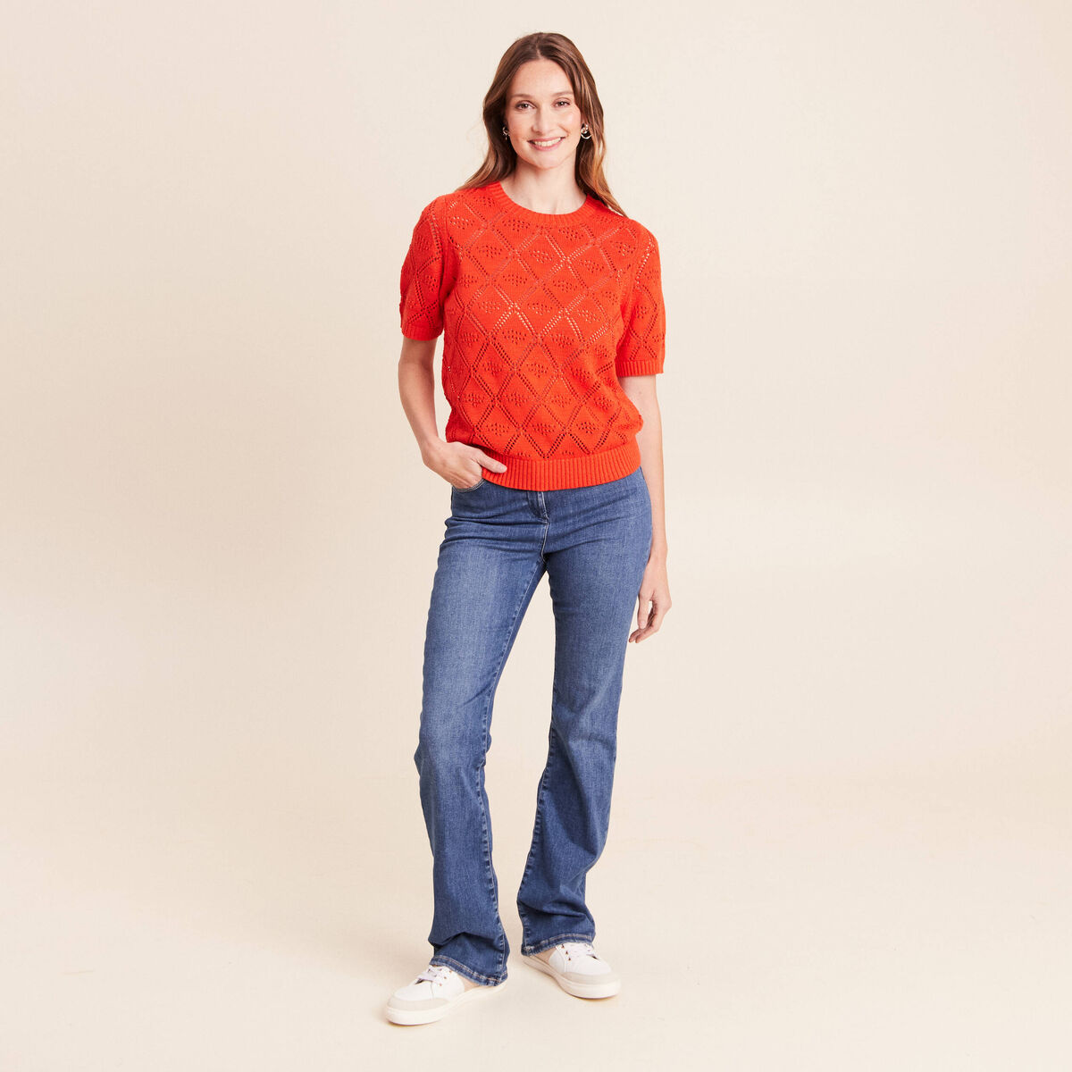 Pull droit court manches courtes orange fonc&eacute; femme