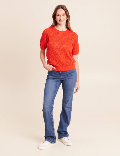Pull droit court manches courtes orange fonc&eacute; femme
